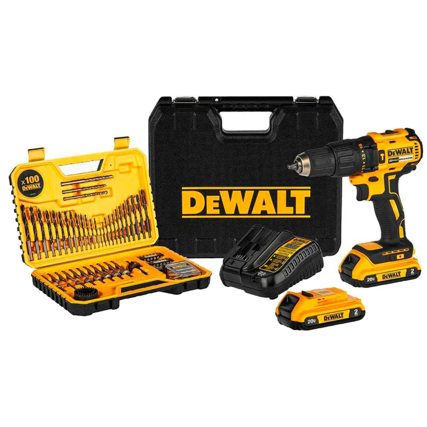 Taladro inalámbrico percutor 1/2 20v Brushless + Set 100 Piezas + 2 baterias y cargador Dewalt