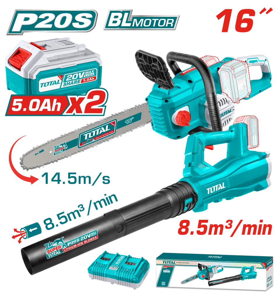 Juego De Motosierra Y Sopladora Inalambrica 20v Incluye 2 Baterias 5,0 Ah + Cargador Doble Industrial Super Total UTOSLI240463