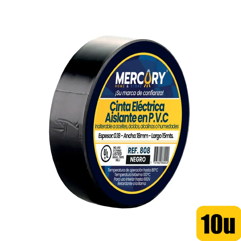 Cinta Aislante 0.18mm 15m Mercury Pack 10u