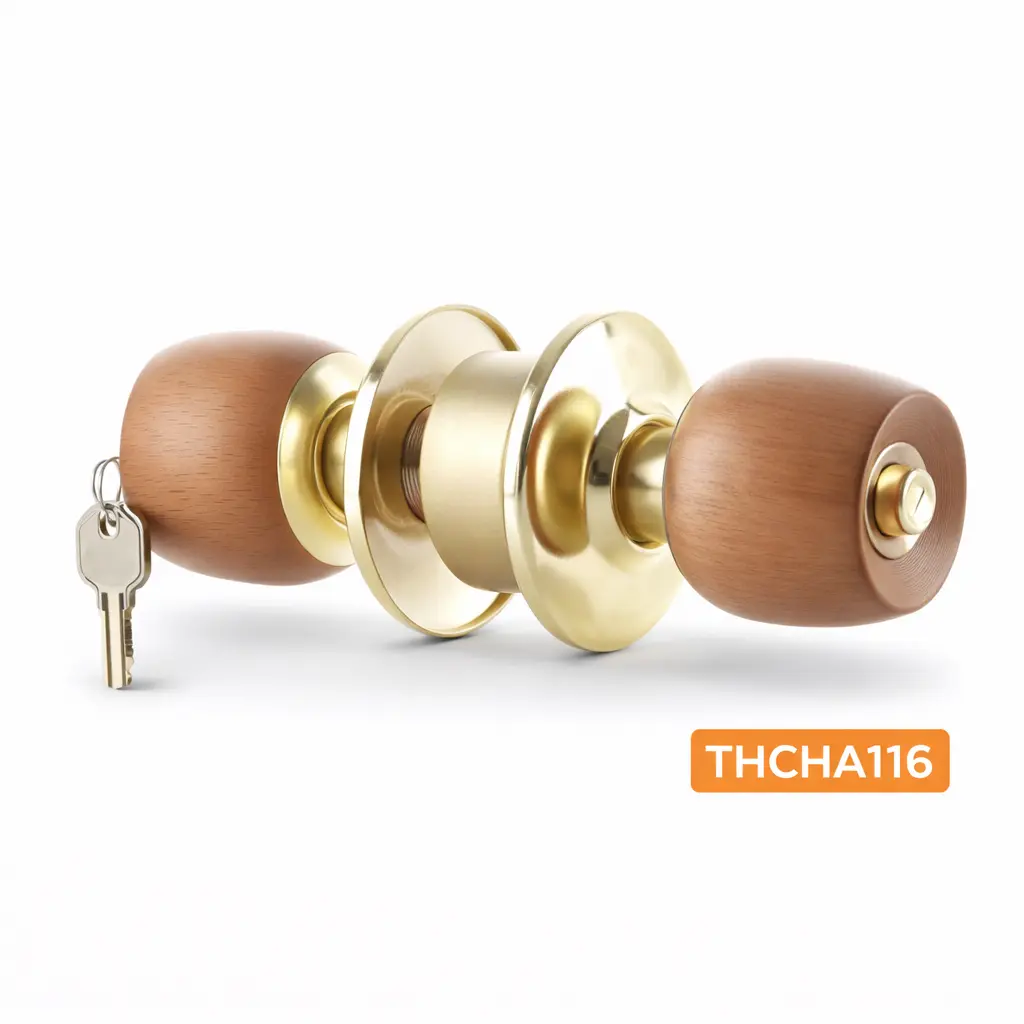 Cerradura Alcoba Cilíndrica Bronce Pomo Madera Clara Thor