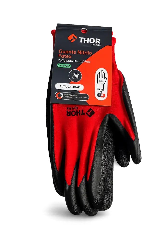 Guante Nitrilo Latex Reforzado Negro/Rojo Thor