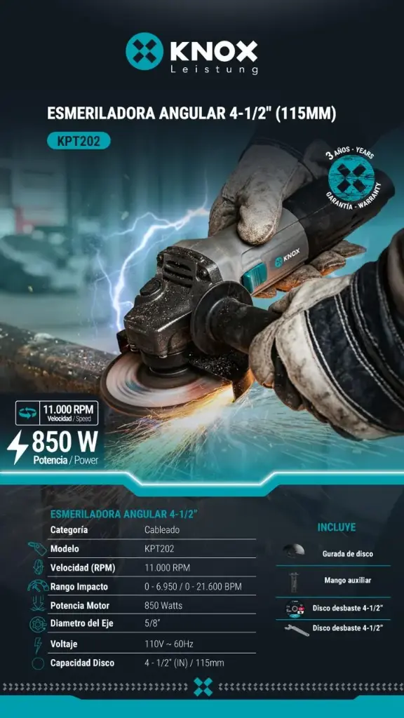 Pulidora Esmeriladora Angular 4-1/2" (115mm) 110v~60hz- 10.000 Rpm - 850 W Knox