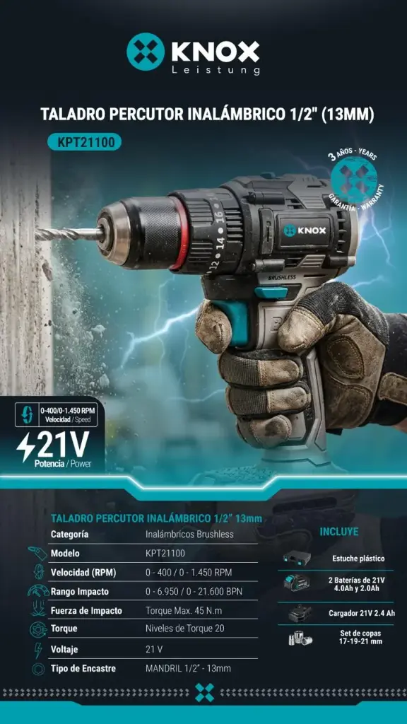 Taladro Percutor Inalambrico 1/2" Brushless - 21v - 1450 Rpm - 45 Nm Knox