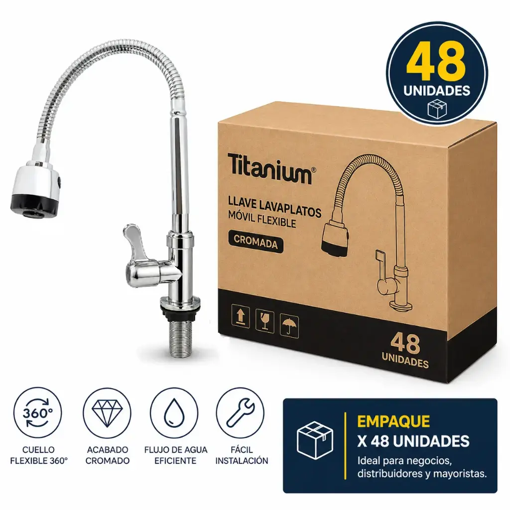 Llave Lavaplatos Móvil Mesa Flexible Cromada Titanium Caja 48u