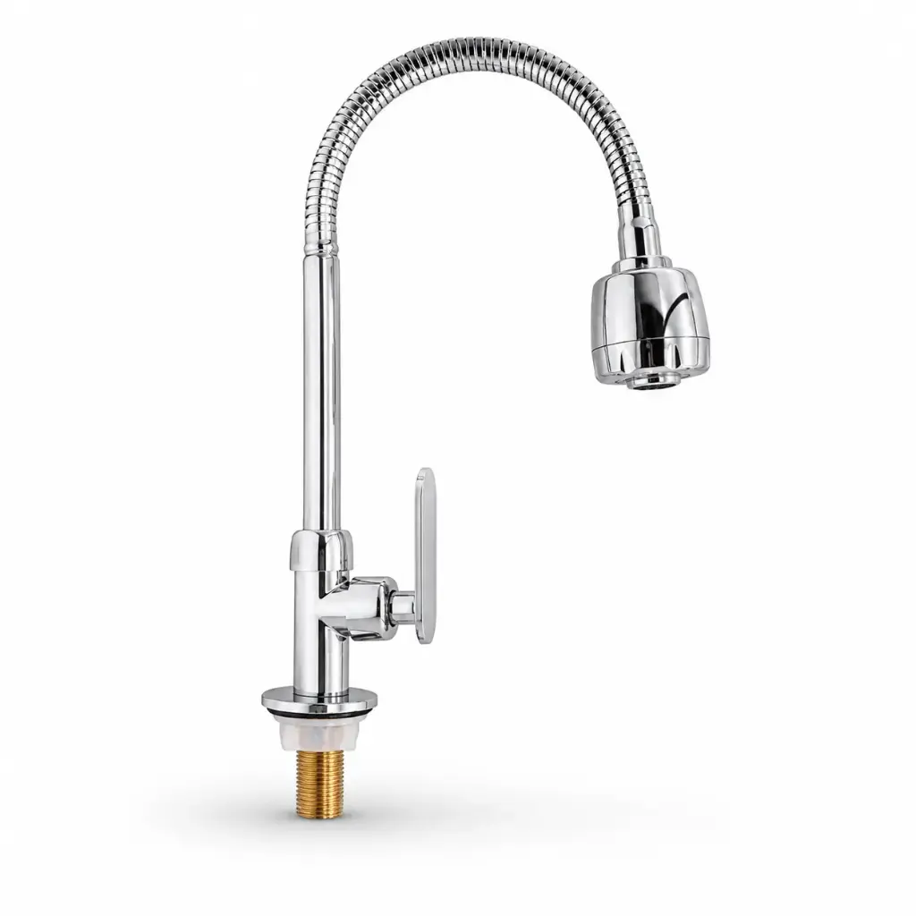 Llave Lavaplatos Agua Fría Mesón Cuello Flexible Metálico Cromo Valqua