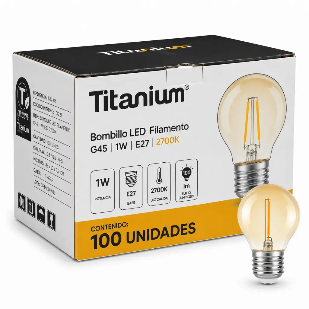 Bombillo Led Titanium Filamento G45 1w E27 2700k Caja 100u