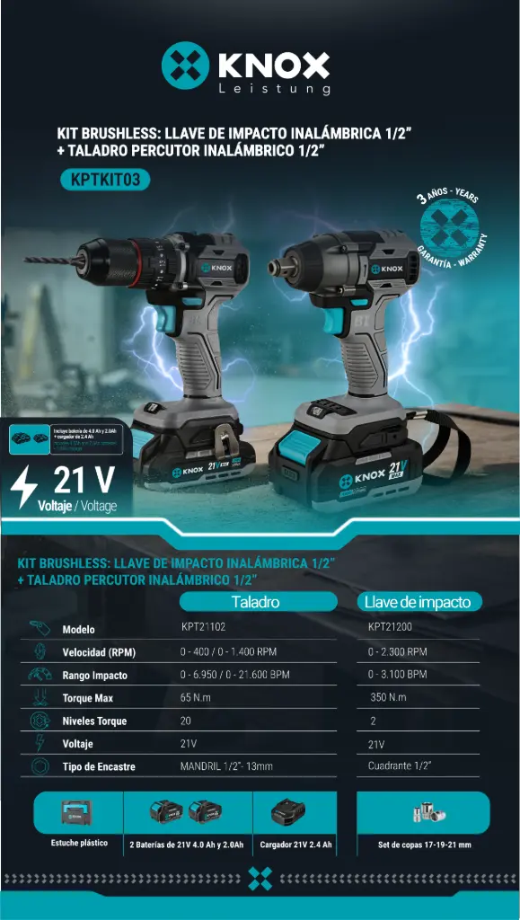 Kit Brushless: Taladro De Impacto Inalambrico 1/2”-13mm - 21v - 1400 Rpm - 21600 Ipm - 62n.M + Rpm - 3100 Ipm - 350n.M Knox