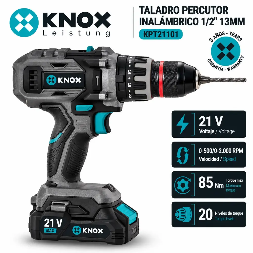 Taladro Percutor Inalam Brushless 1/2"-13mm - 21v - 2000 Rpm - 23200 Ipm - 85 Nm Knox