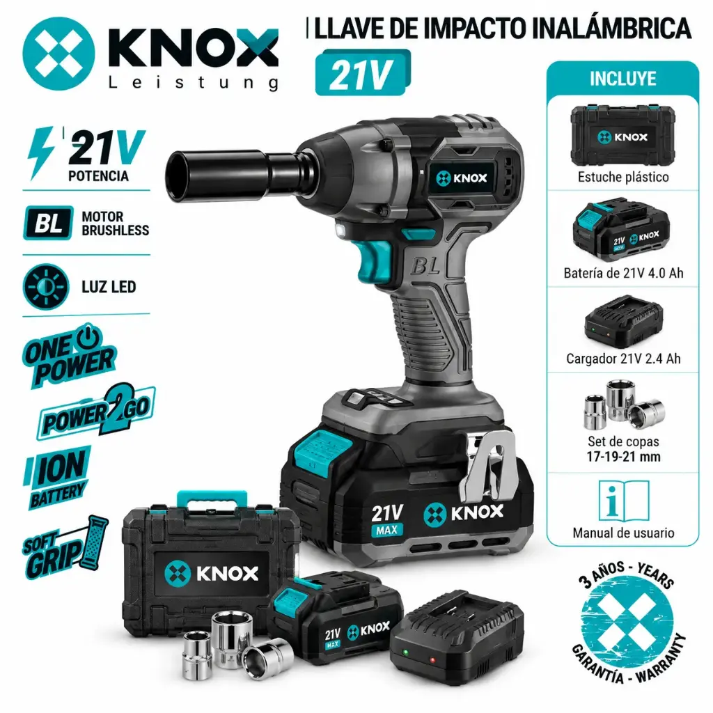 Llave De Impacto Inalambrica 1/2” Brushless 21v - 2300 Rpm - 350 Nm Knox