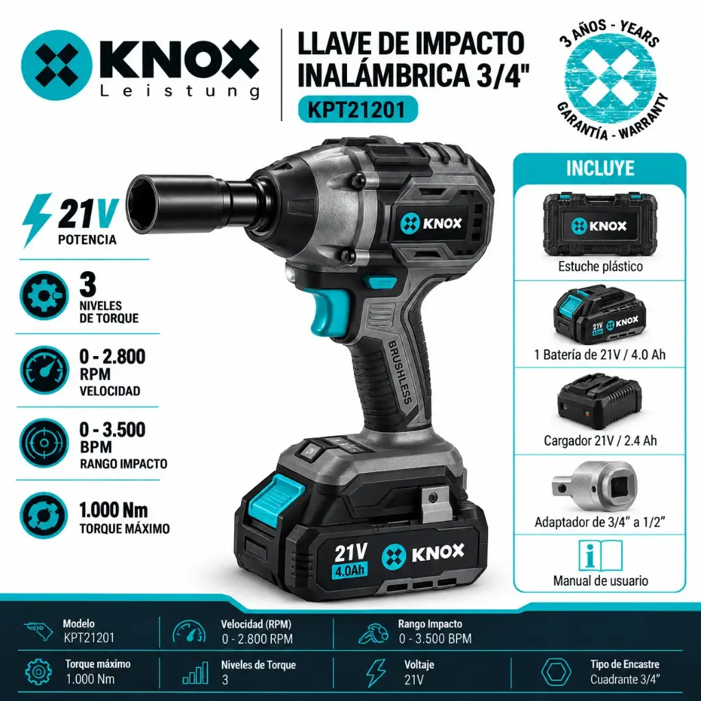 Llave De Impacto Inalambrica 3/4" Bruhless 21v - 2800 Rpm - 1.000 N.M Knox