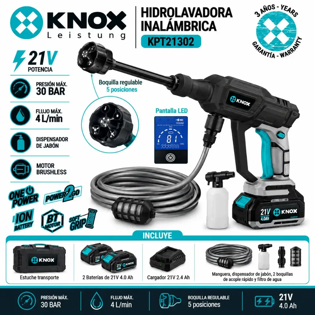 Hidrolavadora Inalambrica Brushless 21v - 500 Psi - 5.3 L/Min Knox