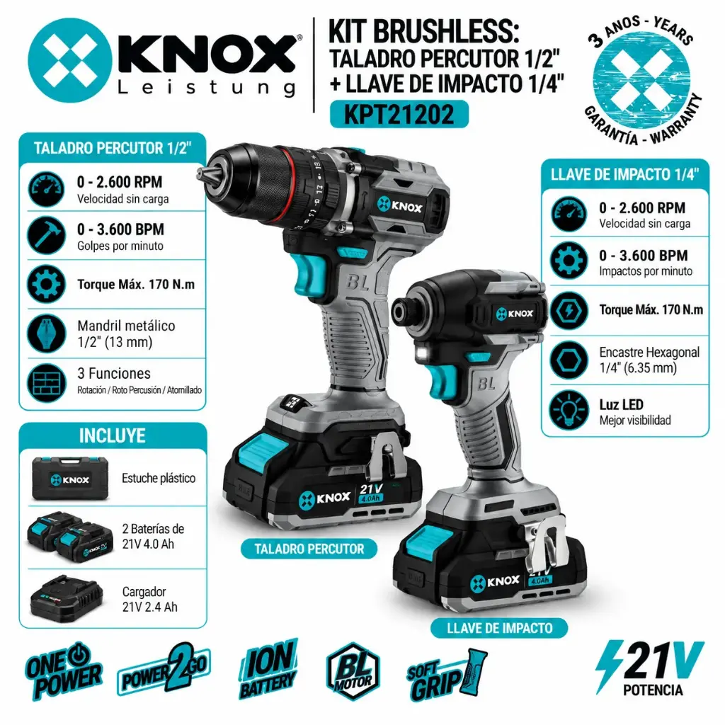 Kit Brushless: Taladro Percutor Inalambrico 1/2"-13 Mm 21v Knox