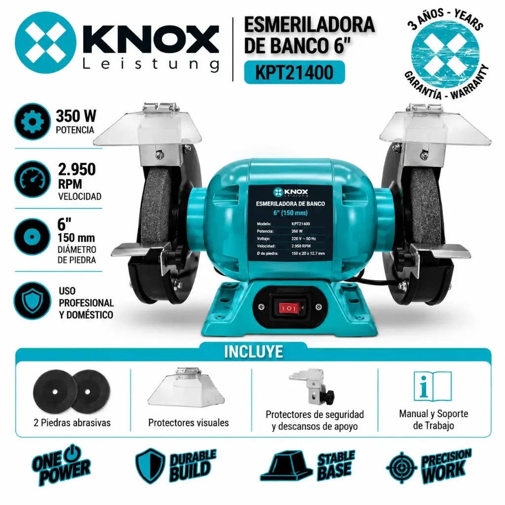 Esmeril De Banco 6" 110v~60hz - 370w - 3450 Rpm -1/2 Hp Knox