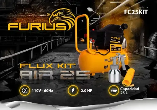 [FC25KIT] Compresor de aire 25Lt 2hp + Manguera y pistola de pintar Furius