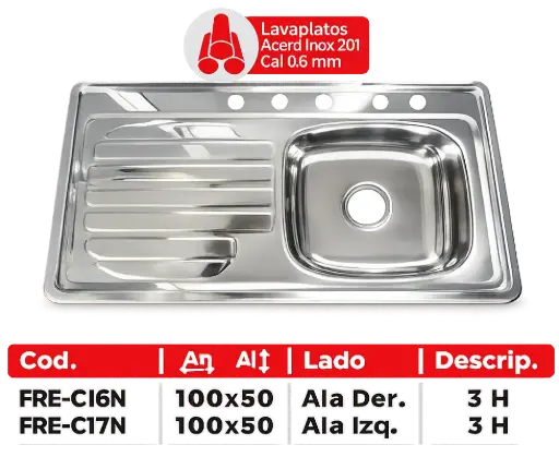 Lavaplatos De Acero Inoxidable De 100x50 Cm Pulido Fermetal