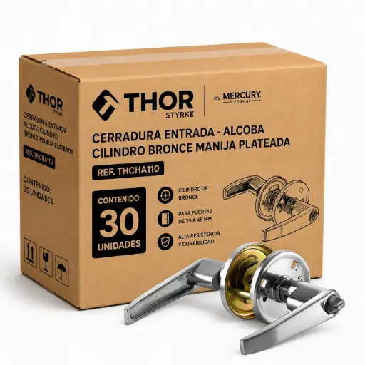 [THCHA110-30] Cerradura Entrada - Alcoba Cilindro Bronce Manija Plateada Thor Caja 30u