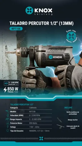 [KPT100] Taladro Percutor 1/2" (13mm) - 110v~/60hz - 850w - 3100 Rpm Knox