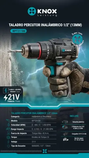 [KPT21100] Taladro Percutor Inalambrico 1/2" Brushless - 21v - 1450 Rpm - 45 Nm Knox