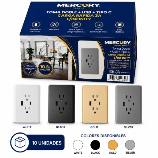 Toma Doble + Usb +Tipo C Carga Rapida 3a Mercury L/Infinity Caja 10u