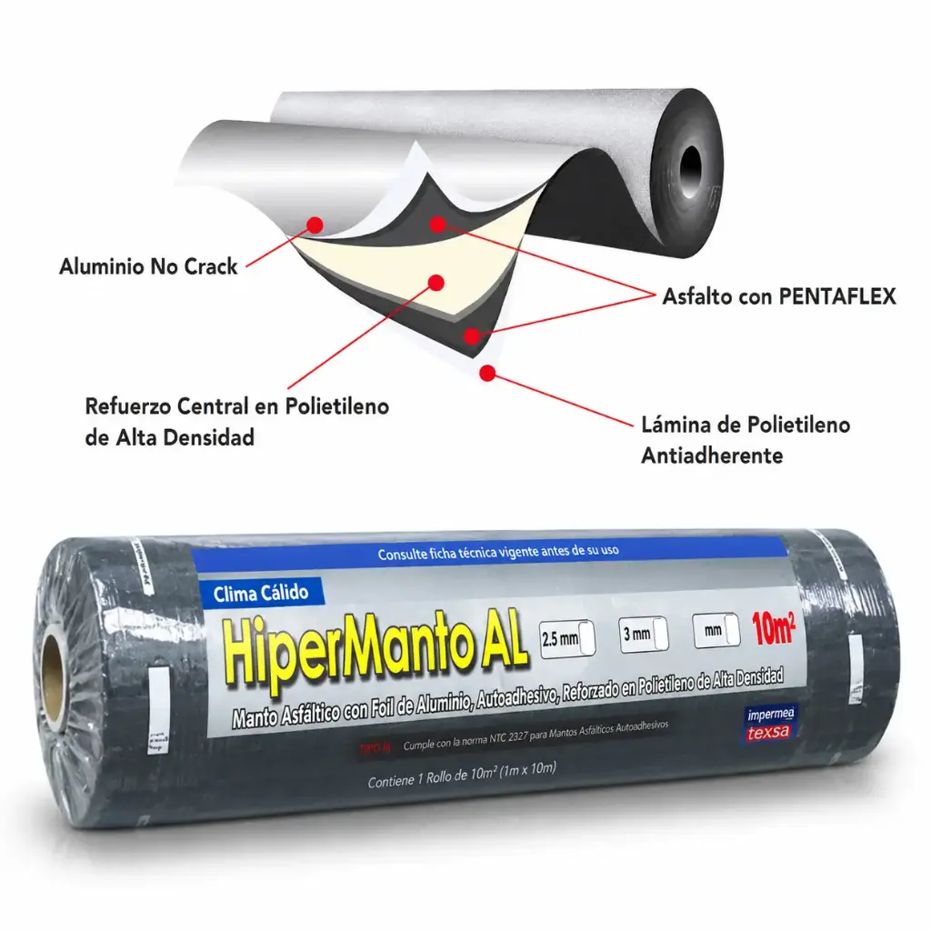 Manto Asfáltico Hipermanto Aluminio 2,5mm 10m2 Texsa