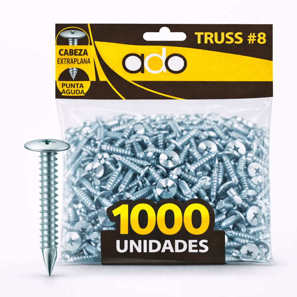 Tornillo Truss Cabeza Extraplana Punta Aguda Zinc #8 Ca Mejia Bolsa X 1000u