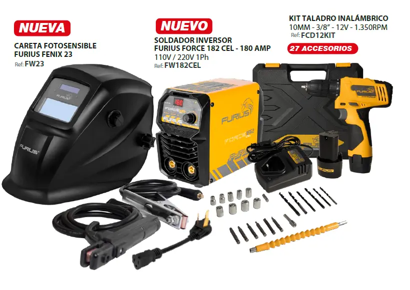 Combo Soldador FW182CEL + Taladro inalambrico FCD12KIT + Careta FW23 Furius