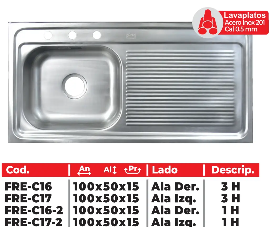 Lavaplatos De Acero Inoxidable De 100x50 Cm Fermetal