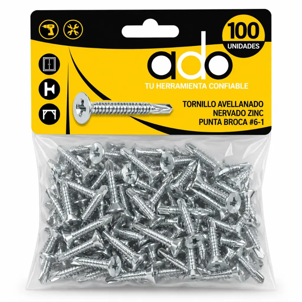 Tornillo Avellanado Nervado Zinc Punta Broca #6-1 x 100 Und