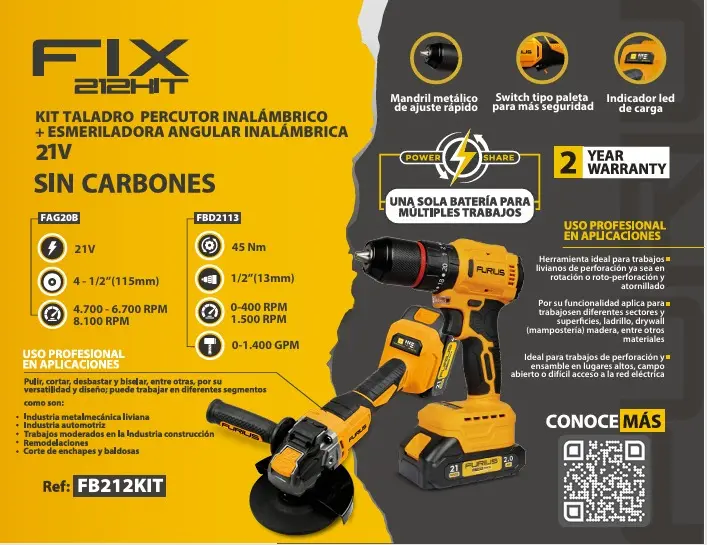 Combo Taladro Inalambrico Percutor + Pulidora Inalambrica 4.1/2 + 1 Batería 4Ah + 1 Batería 2Ah + Cargador Furius