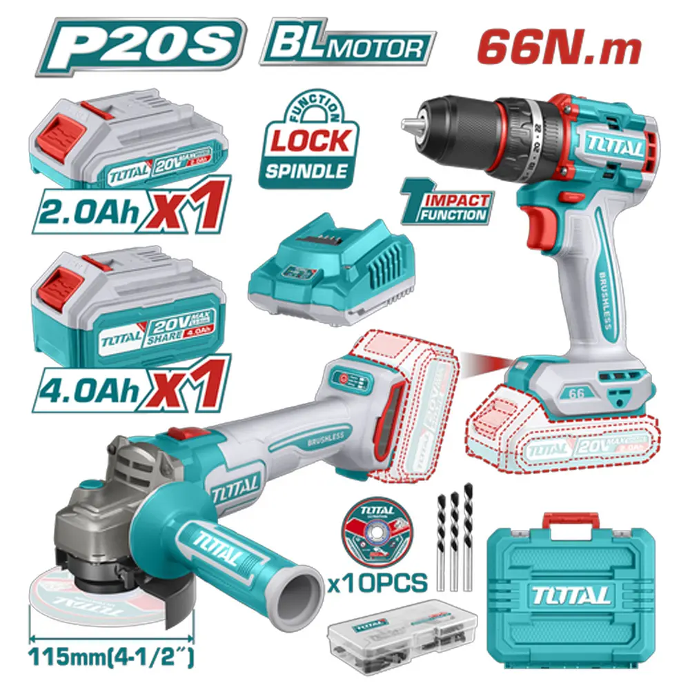 Combo Taladro inalambrico percutor + Pulidora inalambrica 4.1/2 + 1 batería 4Ah + 1 batería 2Ah + Cargador + discos y brocas Total Tools