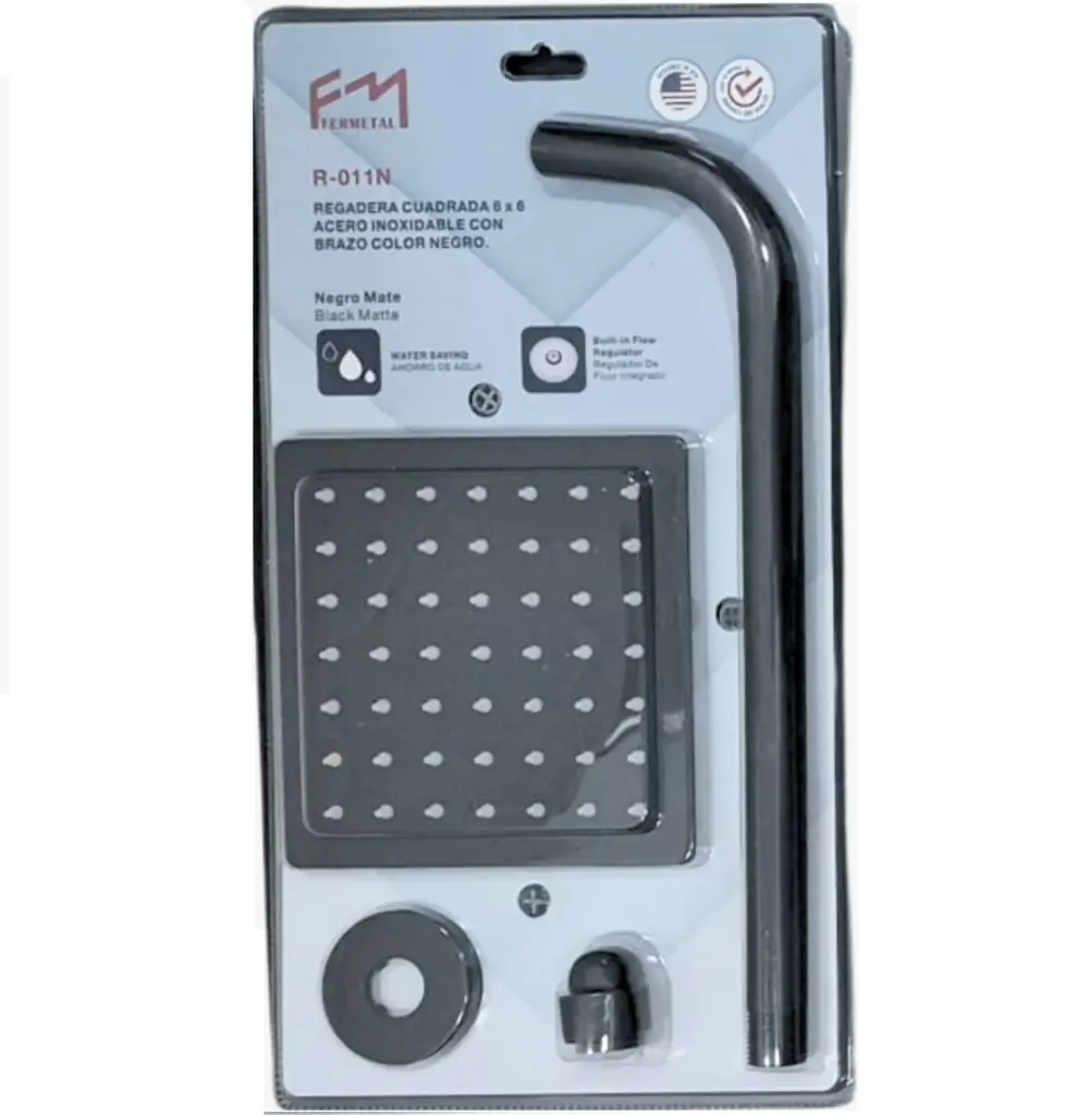 Ducha Regadera Cuadrada Acero Inoxidable Con Brazo Negro Fermetal 