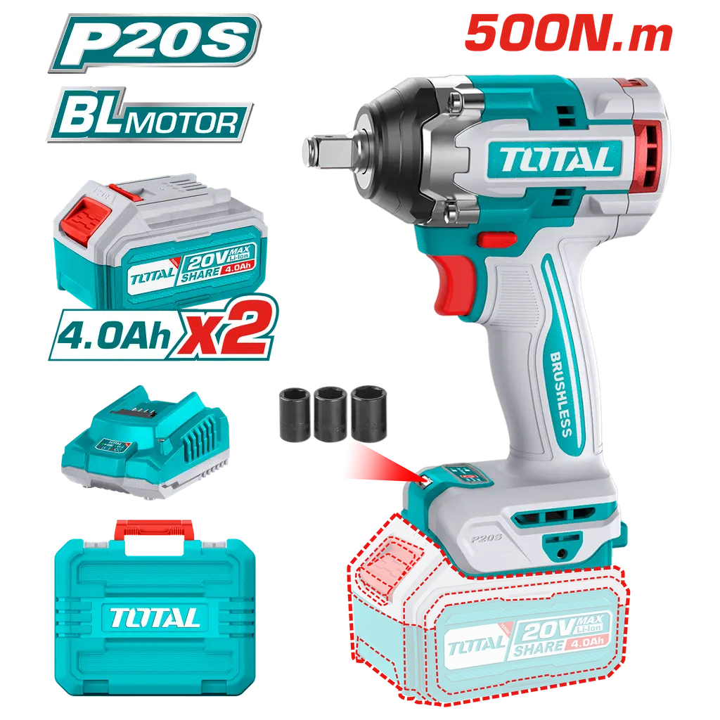 Atornillador de Impacto Inalámbrico 1/2 20v + 2 baterias 4ah + Cargador Total Tools