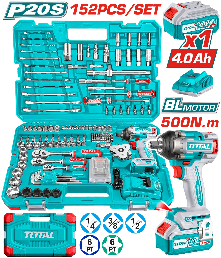 Atornillador de Impacto Inalámbrico 1/2 20v + 1 Bateria 4ah + Cargador + 152 Accesorios Total Tools