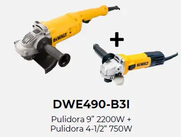 Combo Pulidora Industrial 9" 2200w DWE490 + Pulidora 4.1/2" DWE750-B3 Dewalt