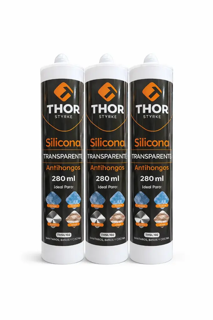 Kit Silicona Transparente Antihongos Tubo 280 Ml Thor X 3 Unds