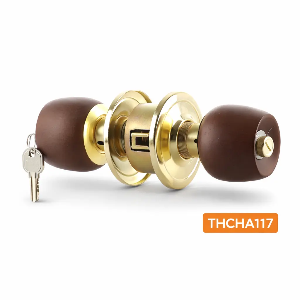 Cerradura Alcoba Cilíndrica Bronce Pomo Madera Oscura Thor