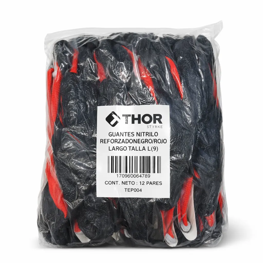 Guante Nitrilo Latex Reforzado Negro/Rojo Thor Pack 12p