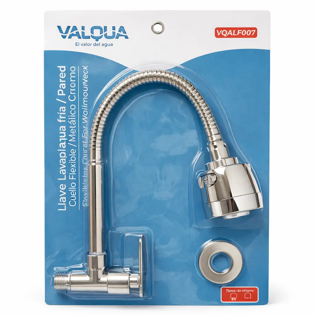 Llave Lavaplatos Pared Cuello Flexible Metalico Cromo Valqua