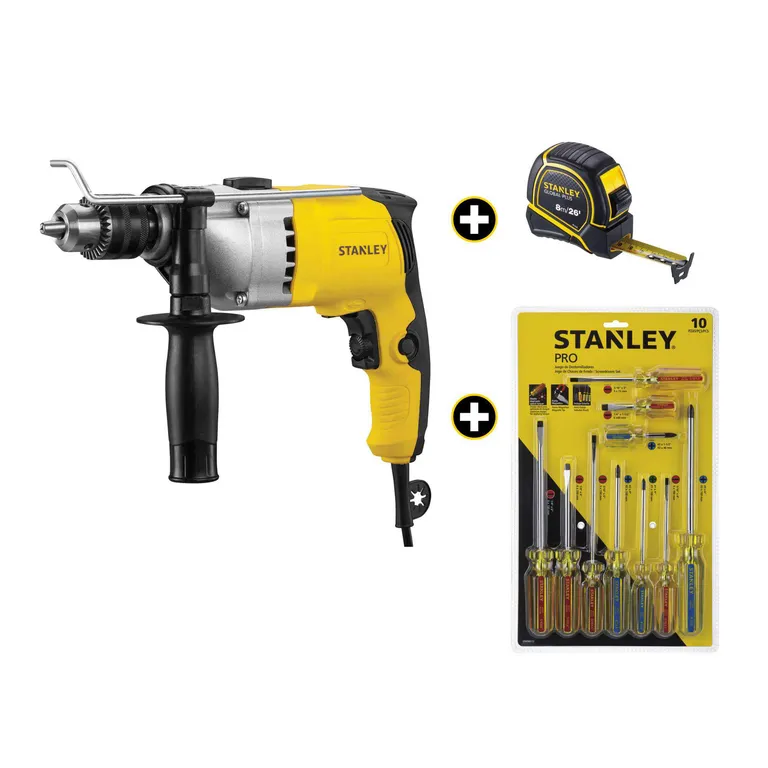 Taladro Percutor 1/2 800w + Destornilladores  + Flexometro 8m Stanley