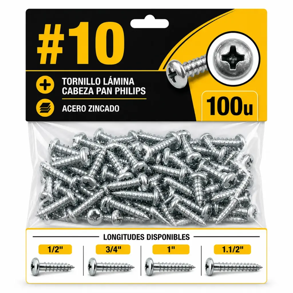 Tornillo Lamina Cabeza Pan Philips #10x1.1/2 Pack x 100u