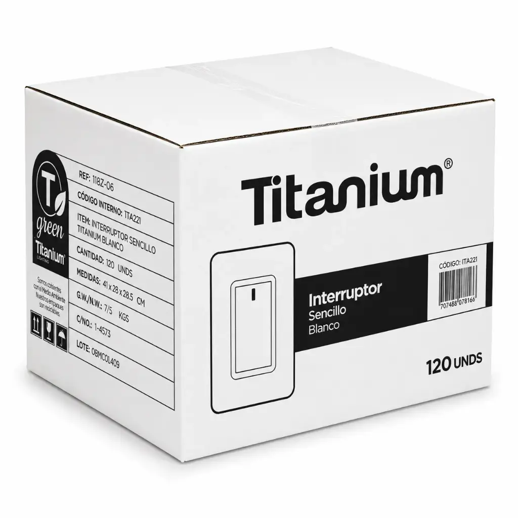 Interruptor Sencillo Conmutable Titanium Blanco Caja 120u