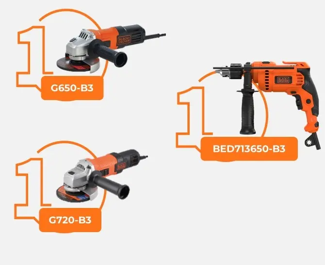 Combo Pulidora G720-B3 + Pulidora G650-B3 + Taladro BED713650-B3 Black & Decker