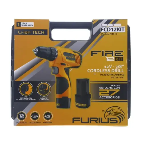 [FCD12KIT] Taladro inalámbrico de rotación 3/8 12v + juego de accesorios Furius