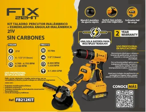 [FB212KIT] Combo Taladro Inalambrico Percutor + Pulidora Inalambrica 4.1/2 + 1 Batería 4Ah + 1 Batería 2Ah + Cargador Furius