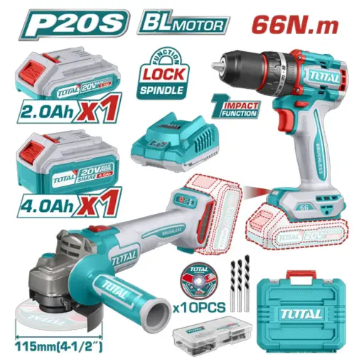 [21006 - UTCKLI20273] Combo Taladro inalambrico percutor + Pulidora inalambrica 4.1/2 + 1 batería 4Ah + 1 batería 2Ah + Cargador + discos y brocas Total Tools