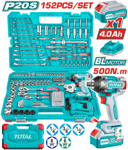 [22020 - UTHKTHP31522] Atornillador de Impacto Inalámbrico 1/2 20v + 1 Bateria 4ah + Cargador + 152 Accesorios Total Tools