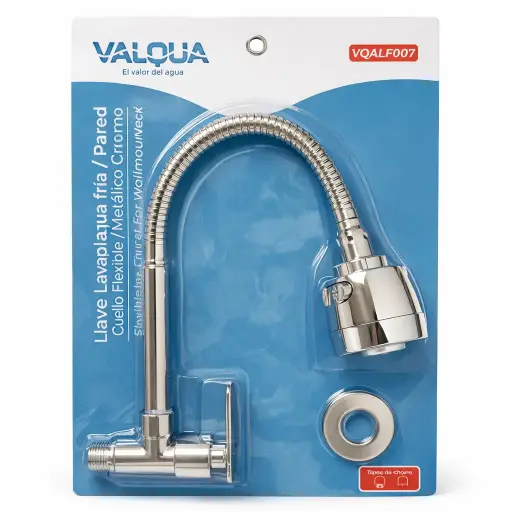 [VQALF007] Llave Lavaplatos Pared Cuello Flexible Metalico Cromo Valqua
