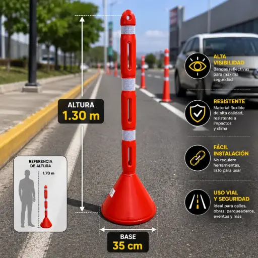 [12781] Señalizador Vial Tubular Naranja Grado Ingeniería Base Conica Plastempack