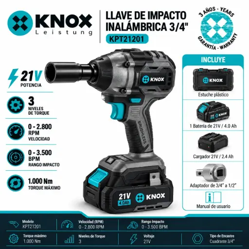 [KPT21201] Llave De Impacto Inalambrica 3/4" Bruhless 21v - 2800 Rpm - 1.000 N.M Knox