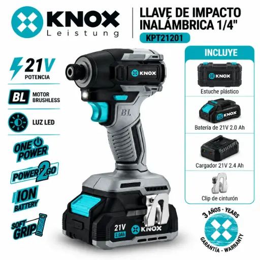 [KPT21202] Atornillador De Impacto Inalambrico 1/4" Brushless 21v Knox